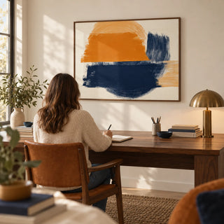 Blue And Orange Abstract Art, framed on the wall of a calm study with a cream wall