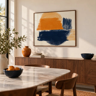 Blue And Orange Abstract Art, framed on the wall of a modern dining room with a soft white wall