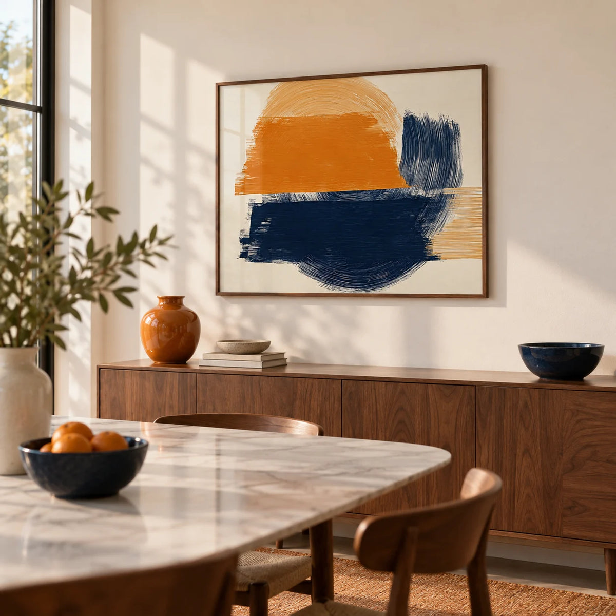 Blue And Orange Abstract Art, framed on the wall of a modern dining room with a soft white wall