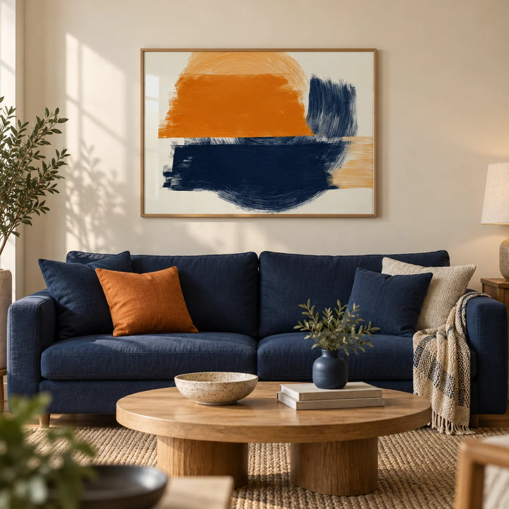 Blue And Orange Abstract Art, framed on the wall of a modern living room with a warm cream wall