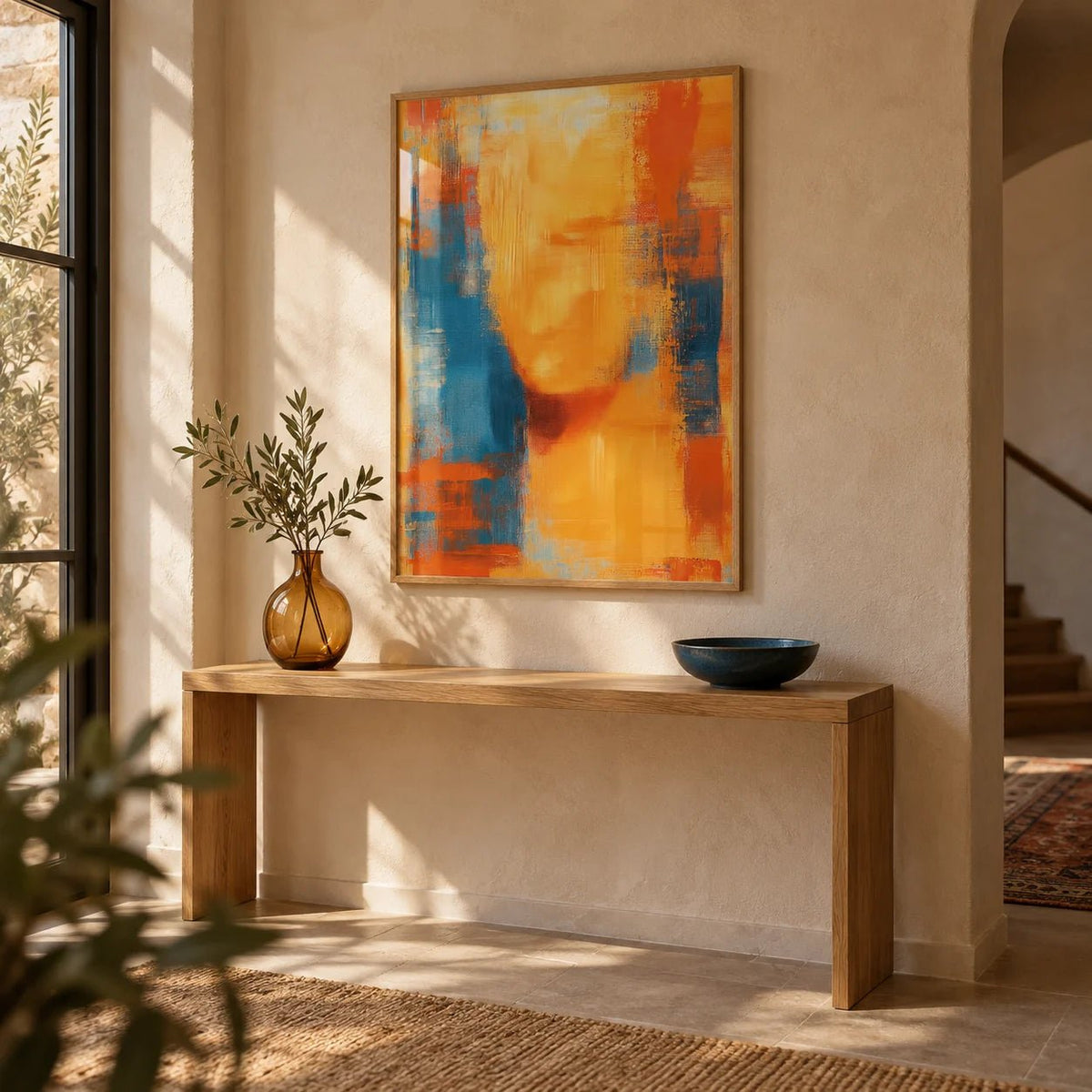 Blue and Orange Abstract Art, framed on the wall of a modern entryway with warm plaster walls