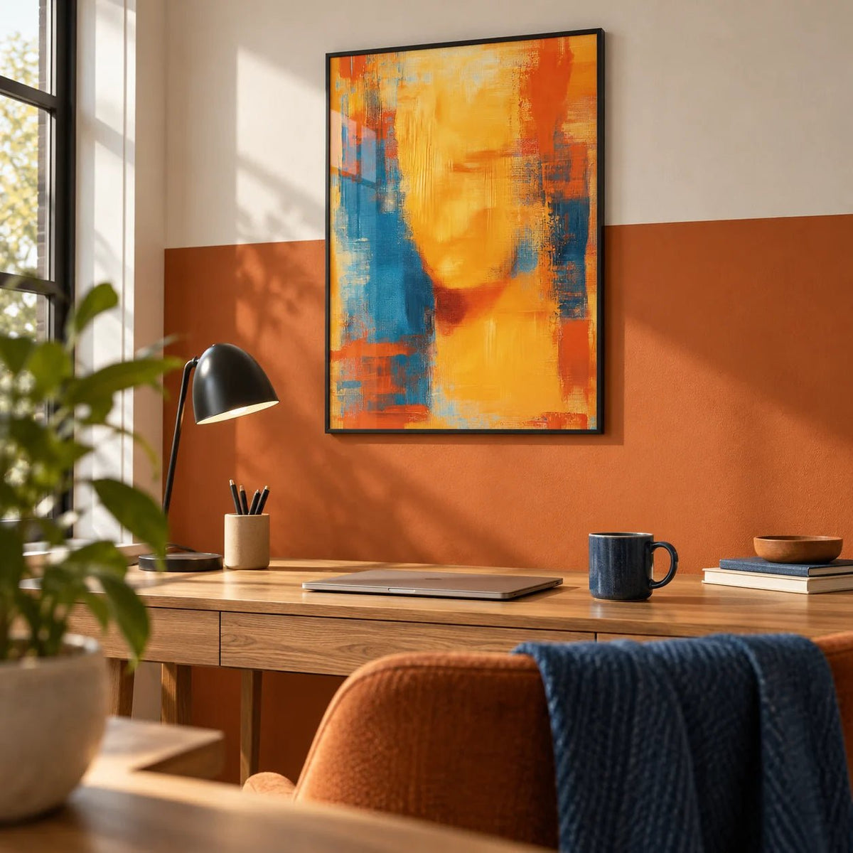 Blue and Orange Abstract Art, framed on the wall of a modern home office with a burnt orange painted lower wall and white above