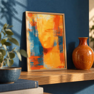 Blue and Orange Abstract Art, a small A4 framed print leaning on an oak shelf in a living room