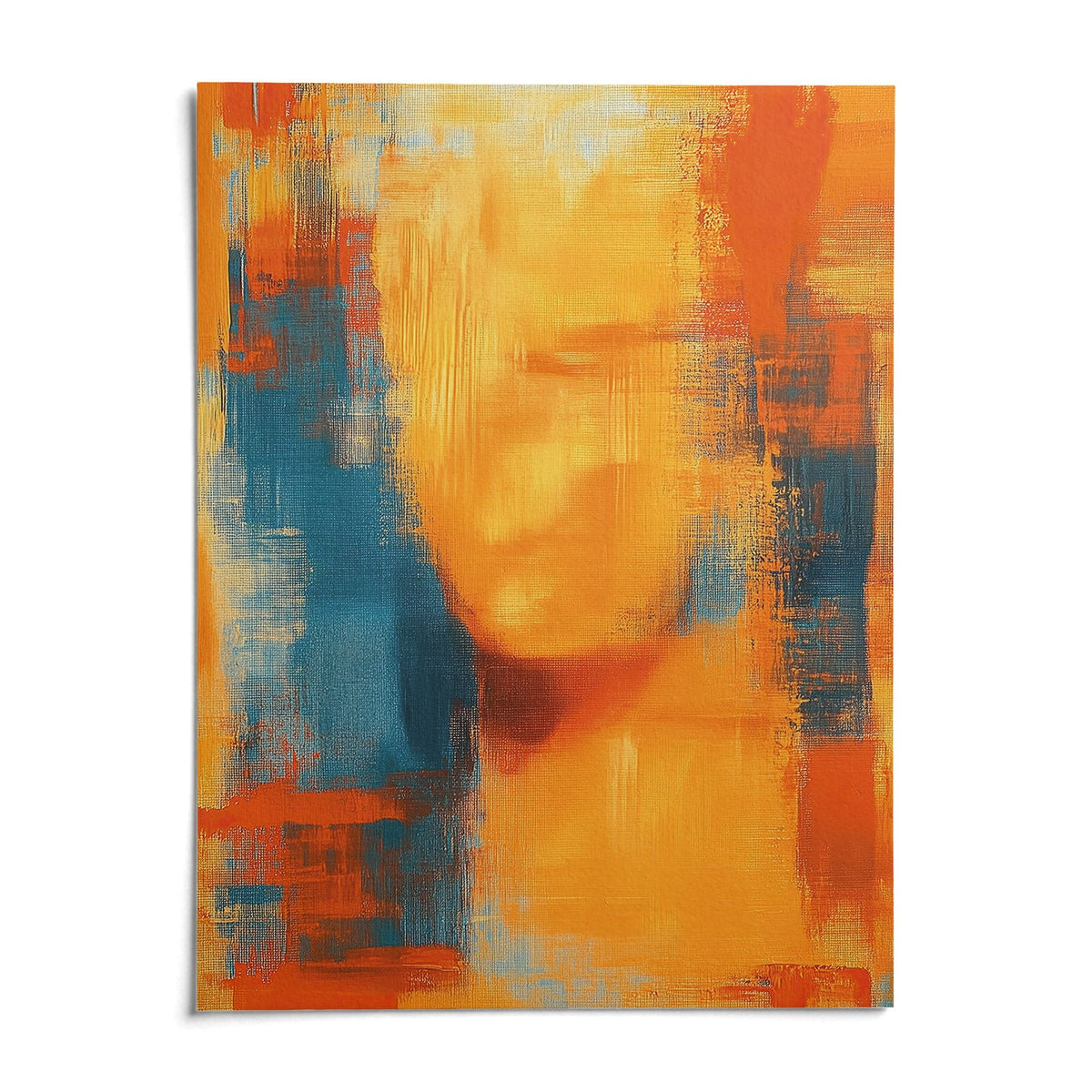 Blue and Orange Abstract Art, shown as an unframed paper print on a plain white background