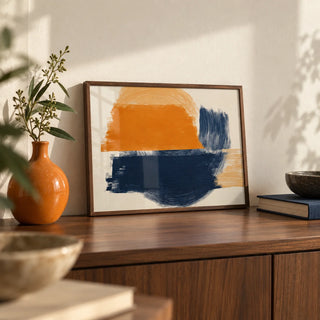 Blue And Orange Abstract Art, a small A4 framed print leaning on a walnut sideboard in a living room