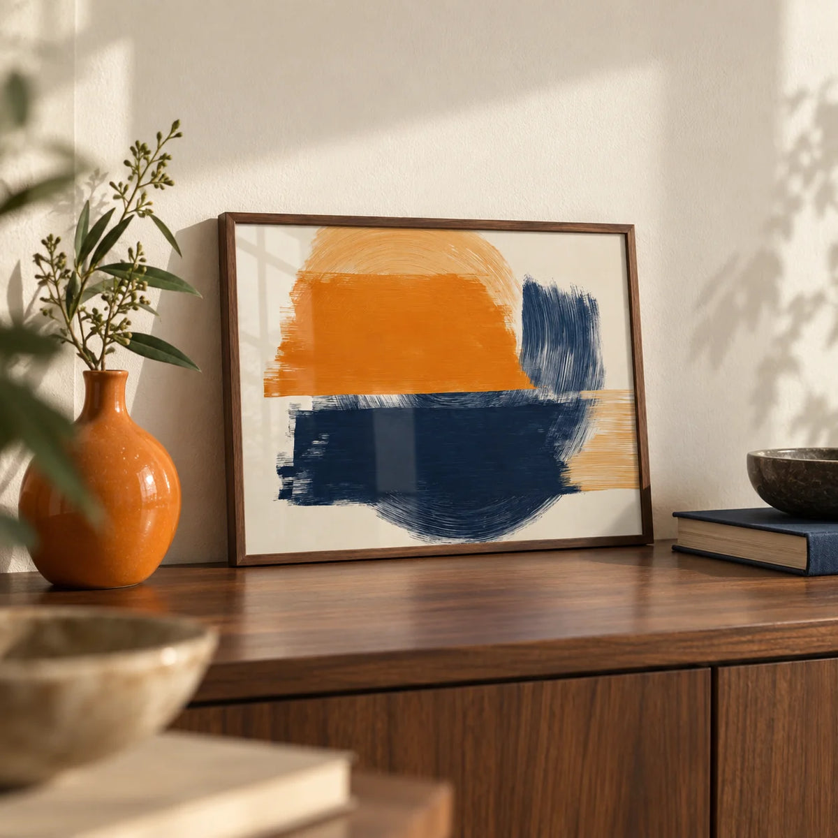 Blue And Orange Abstract Art, a small A4 framed print leaning on a walnut sideboard in a living room
