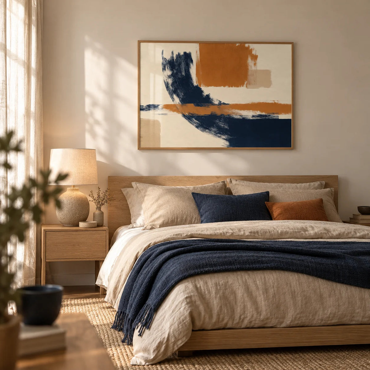 Blue And Orange Art, framed on the wall of a calm bedroom