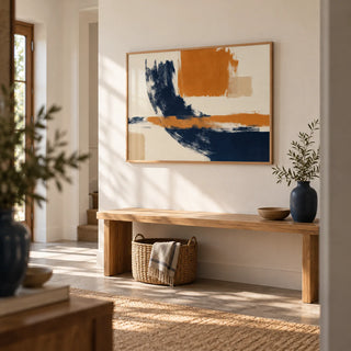 Blue And Orange Art, framed on the wall of a calm hallway with a warm white wall