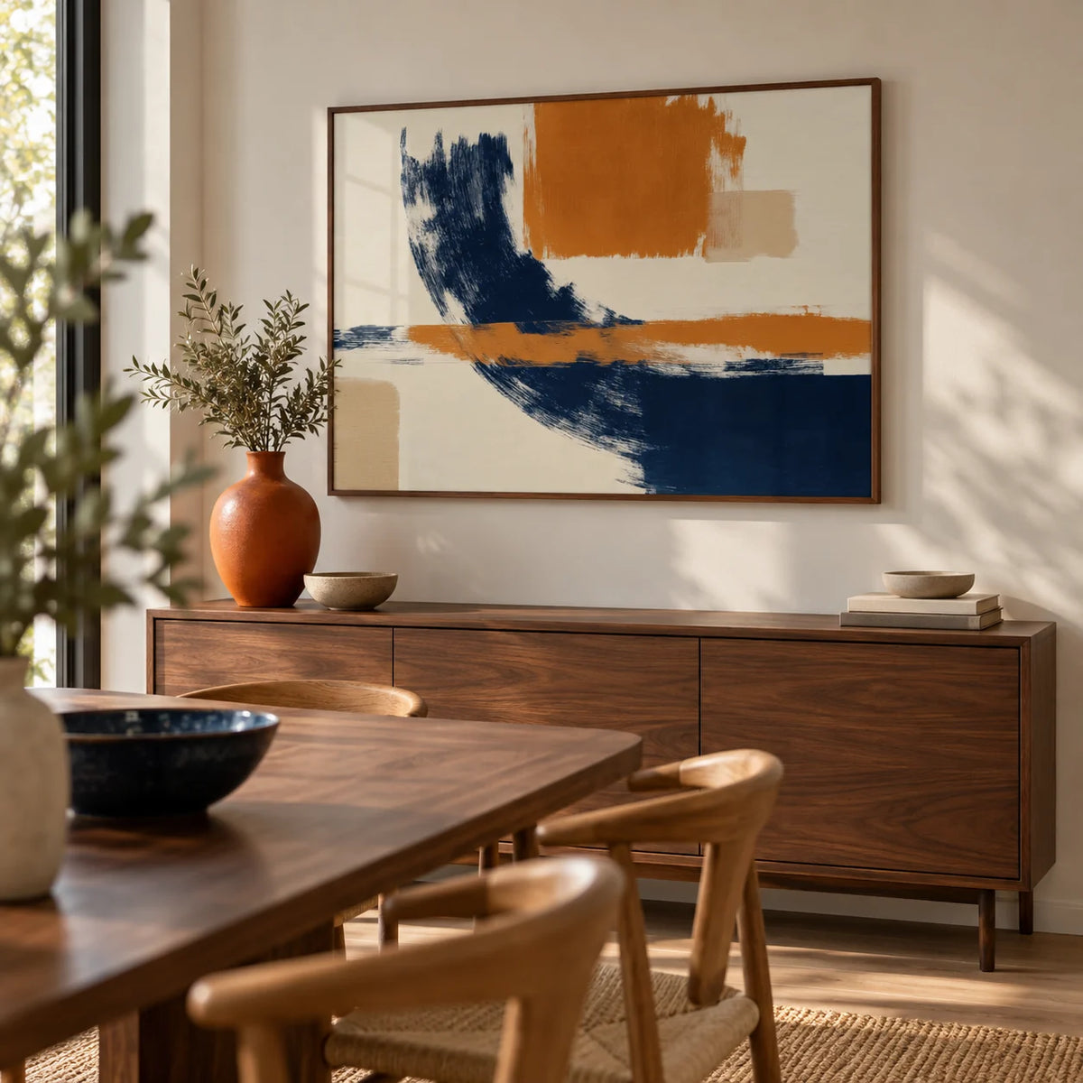 Blue And Orange Art, framed on the wall of a modern dining room