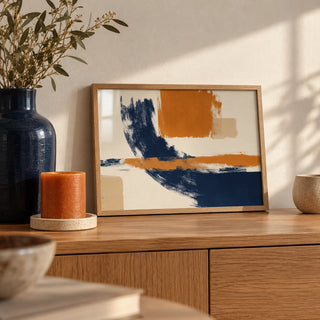 Blue And Orange Art, a small A4 framed print leaning on an oak sideboard in a living room