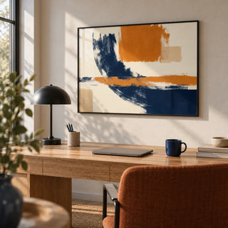 Blue And Orange Art, framed on the wall of a stylish home office