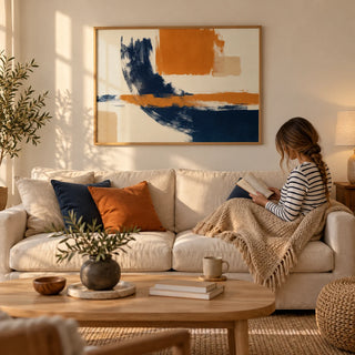 Blue And Orange Art, framed on the wall of a warm modern living room