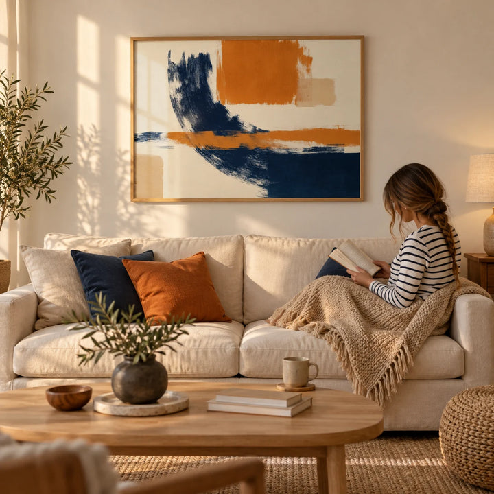 Blue And Orange Art, framed on the wall of a warm modern living room