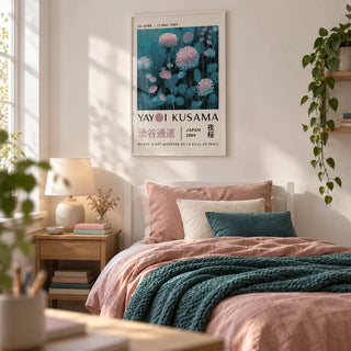 Blue and Purple Abstract Art, framed on the wall of a calm design-led single bedroom for a teen girl (13-17) with a soft white wall
