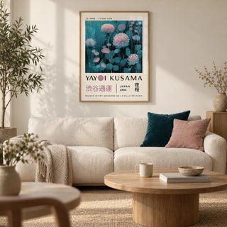 Blue and Purple Abstract Art, framed on the wall of a calm Japandi living room with a soft cream wall and a light oak floor