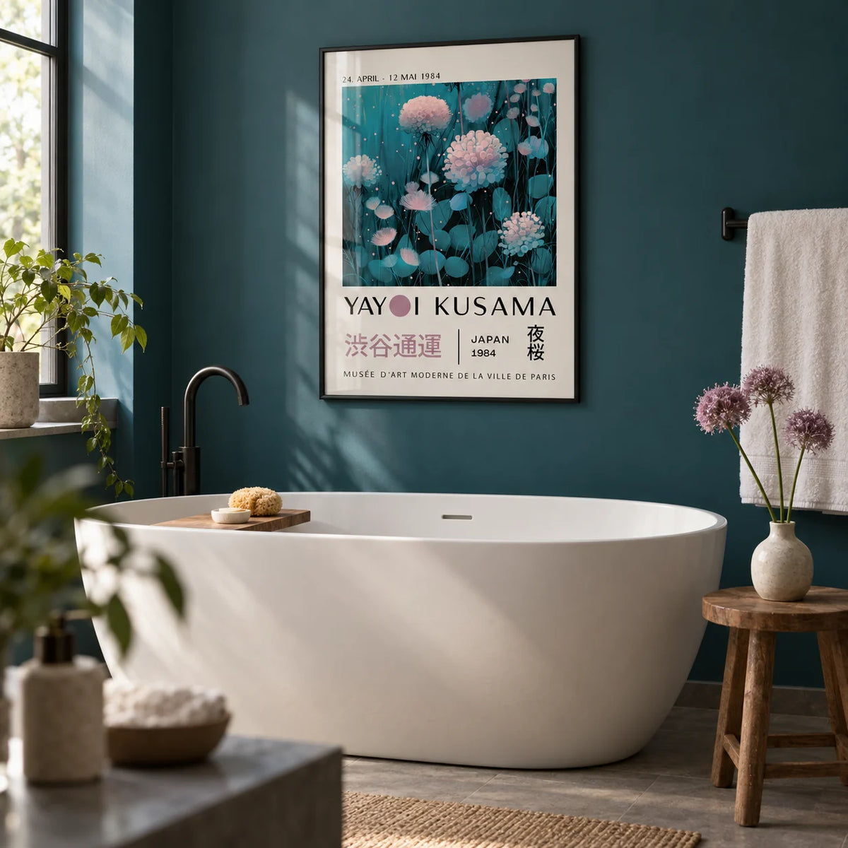 Blue and Purple Abstract Art, framed on the wall of a calm modern bathroom with a deep teal painted wall and a plain white freestanding bath