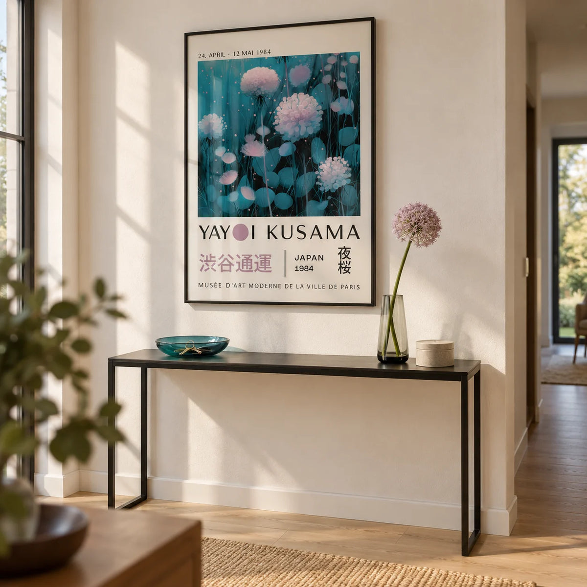 Blue and Purple Abstract Art, framed on the wall of a modern hallway with a warm white wall and a pale oak floor