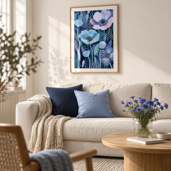Blue and Purple Art, framed on the wall of a bright Scandi living room with a warm white wall and a light oak floor