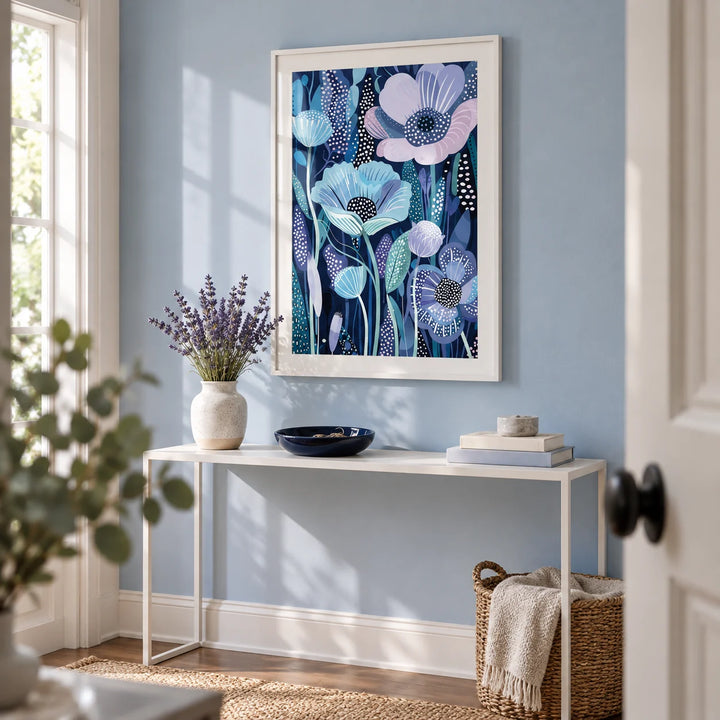 Blue and Purple Art, framed on the wall of a calm entrance hall with a powder blue painted wall
