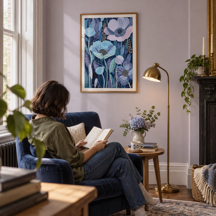 Blue and Purple Art, framed on the wall of a quiet reading corner in a Victorian terrace with a pale lavender grey wall in a living room