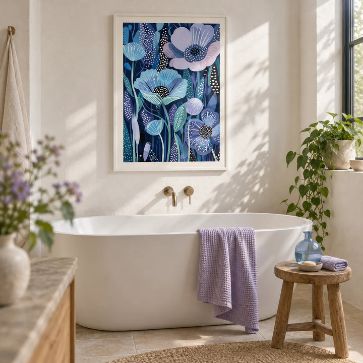 Blue and Purple Art, framed on the wall of a serene bathroom with soft white plaster walls and a pale stone floor