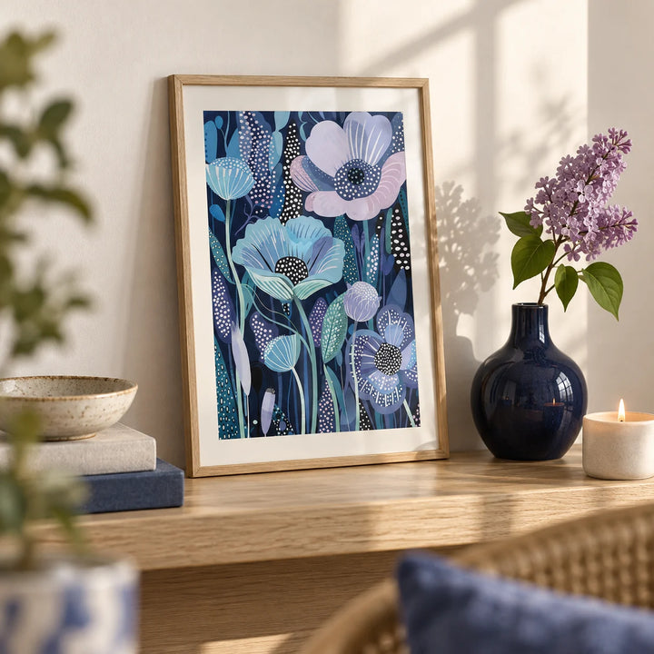 Blue and Purple Art, a small A4 framed print leaning on a pale oak shelf in a living room