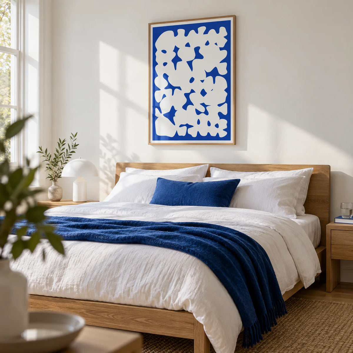 Blue And White Modern Art, framed on the wall of a fresh blue and white bedroom