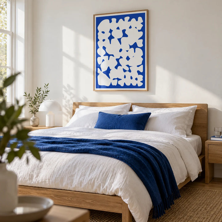 Blue And White Modern Art, framed on the wall of a fresh blue and white bedroom