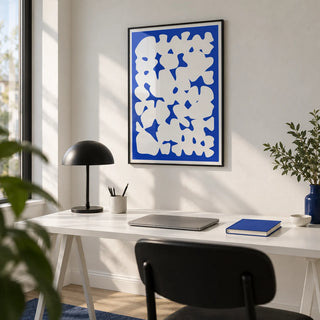 Blue And White Modern Art, framed on the wall of a minimal home office