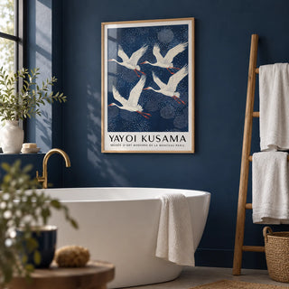 Blue and White Prints, framed on the wall of a calm bathroom with a deep indigo painted wall and a white freestanding bath