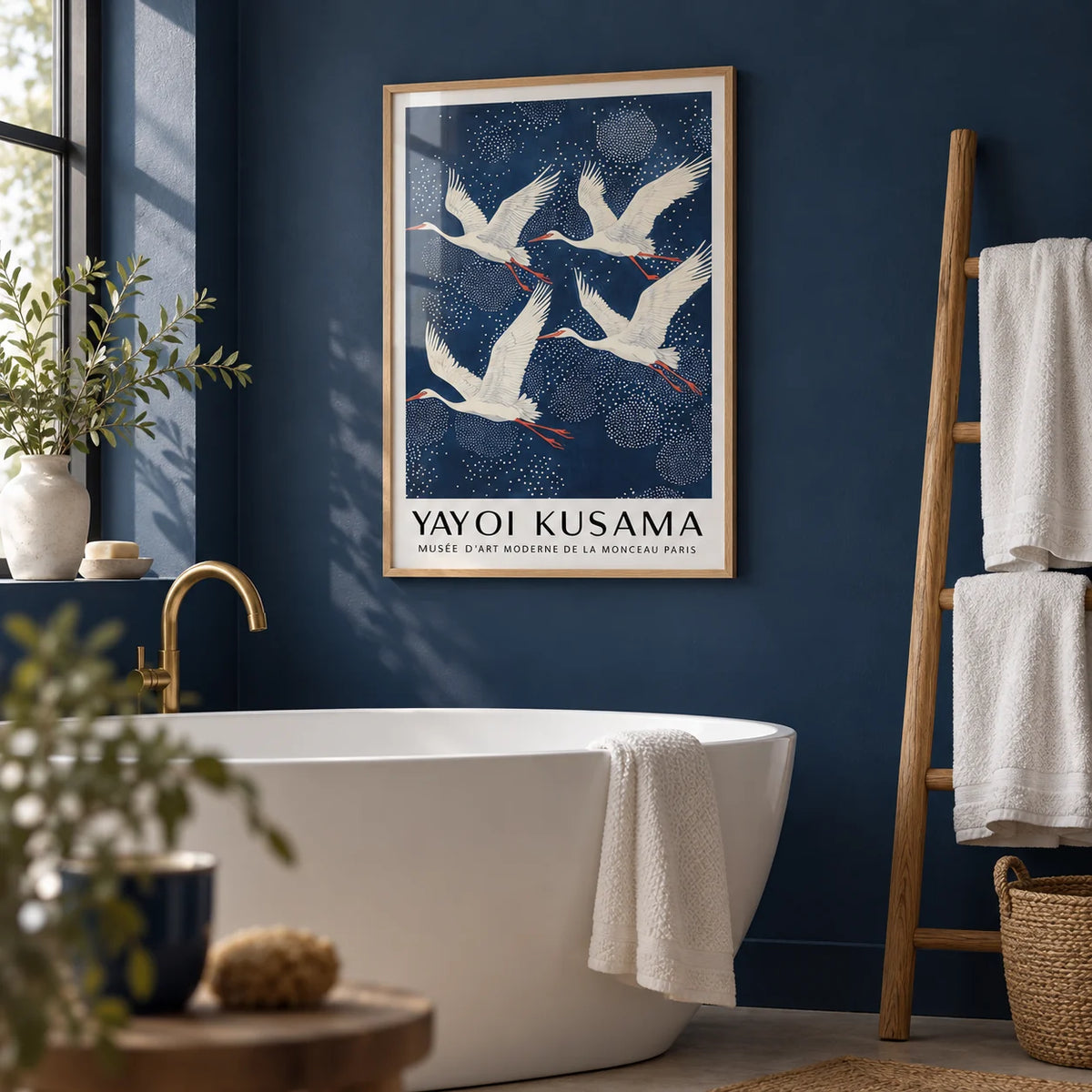 Blue and White Prints, framed on the wall of a calm bathroom with a deep indigo painted wall and a white freestanding bath
