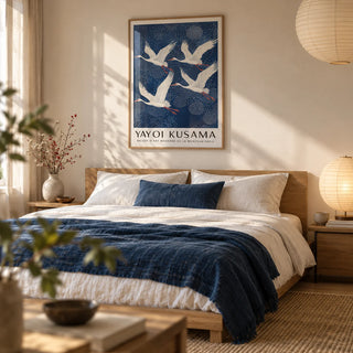 Blue and White Prints, framed on the wall of a calm Japandi bedroom with a warm white wall