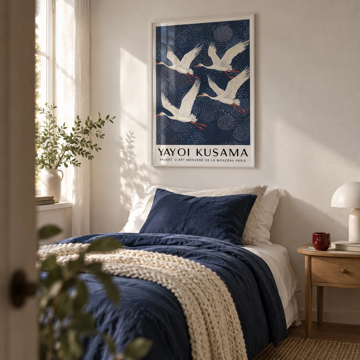Blue and White Prints, framed on the wall of a calm single guest bedroom with a soft white wall