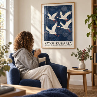 Blue and White Prints, framed on the wall of a quiet reading corner with a warm white wall in a living room