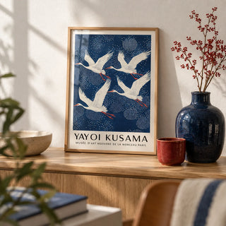 Blue and White Prints, a small A4 framed print leaning on an oak shelf in a living room