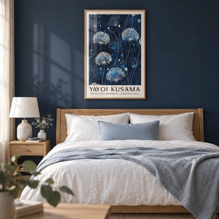 Blue and White Wall Art, framed on the wall of a calm bedroom with a deep navy painted wall