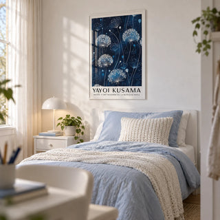 Blue and White Wall Art, framed on the wall of a calm teen girl's bedroom (13-17) with a soft white wall