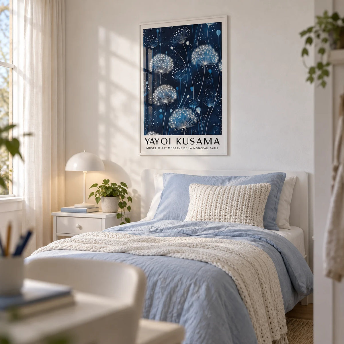 Blue and White Wall Art, framed on the wall of a calm teen girl's bedroom (13-17) with a soft white wall