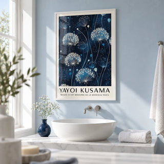 Blue and White Wall Art, framed on the wall of a calm white bathroom with a pale blue painted wall