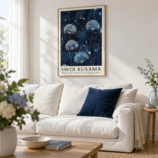 Blue and White Wall Art, framed on the wall of a fresh blue and white living room with a white wall and a pale oak floor
