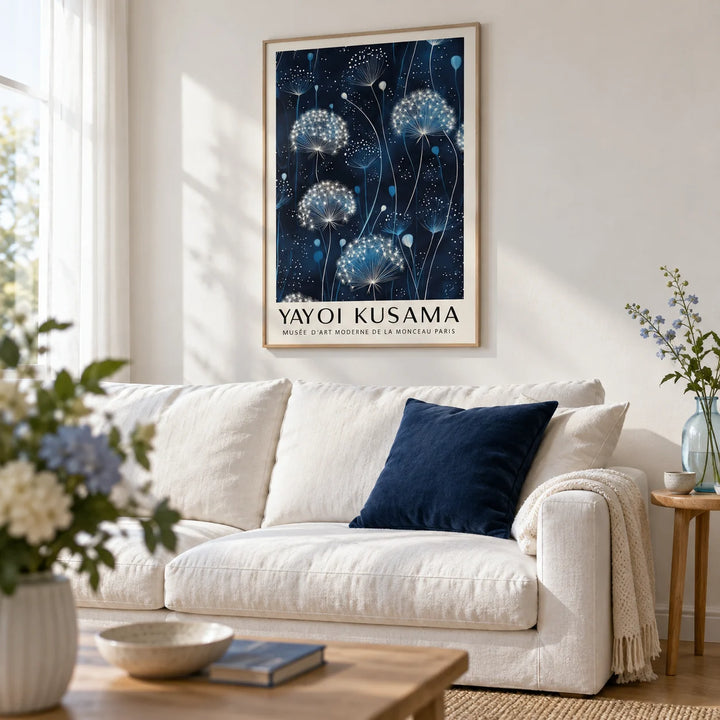 Blue and White Wall Art, framed on the wall of a fresh blue and white living room with a white wall and a pale oak floor