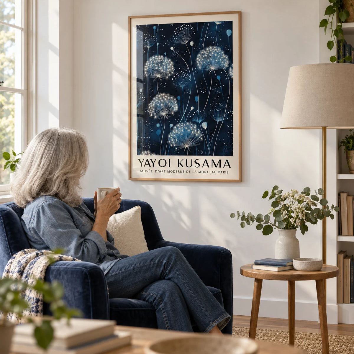 Blue and White Wall Art, framed on the wall of a quiet reading nook with a white wall in a living room