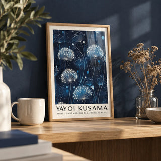 Blue and White Wall Art, a small A4 framed print leaning on an oak shelf in a living room