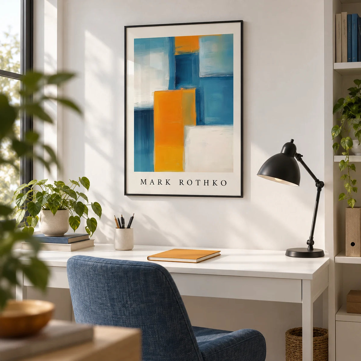 Blue and Yellow Wall Art, framed on the wall of a bright home office with a white wall