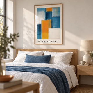 Blue and Yellow Wall Art, framed on the wall of a calm modern bedroom with a soft white wall