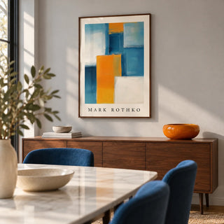 Blue and Yellow Wall Art, framed on the wall of a modern dining room with a pale grey wall
