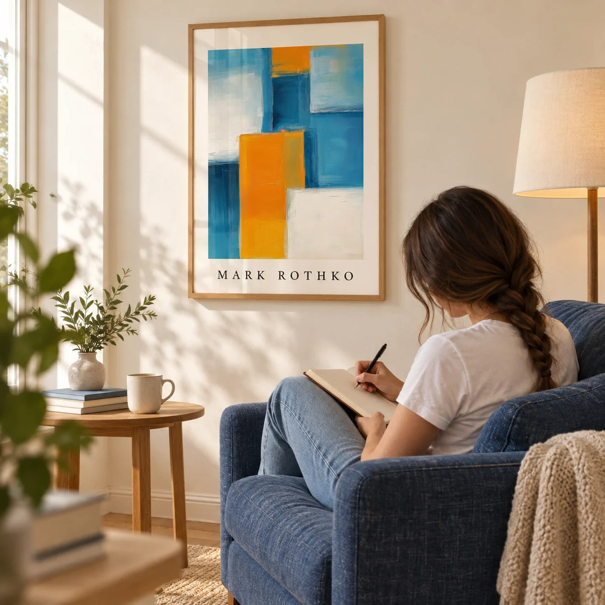 Blue and Yellow Wall Art, framed on the wall of a quiet reading corner with a warm white wall in a living room