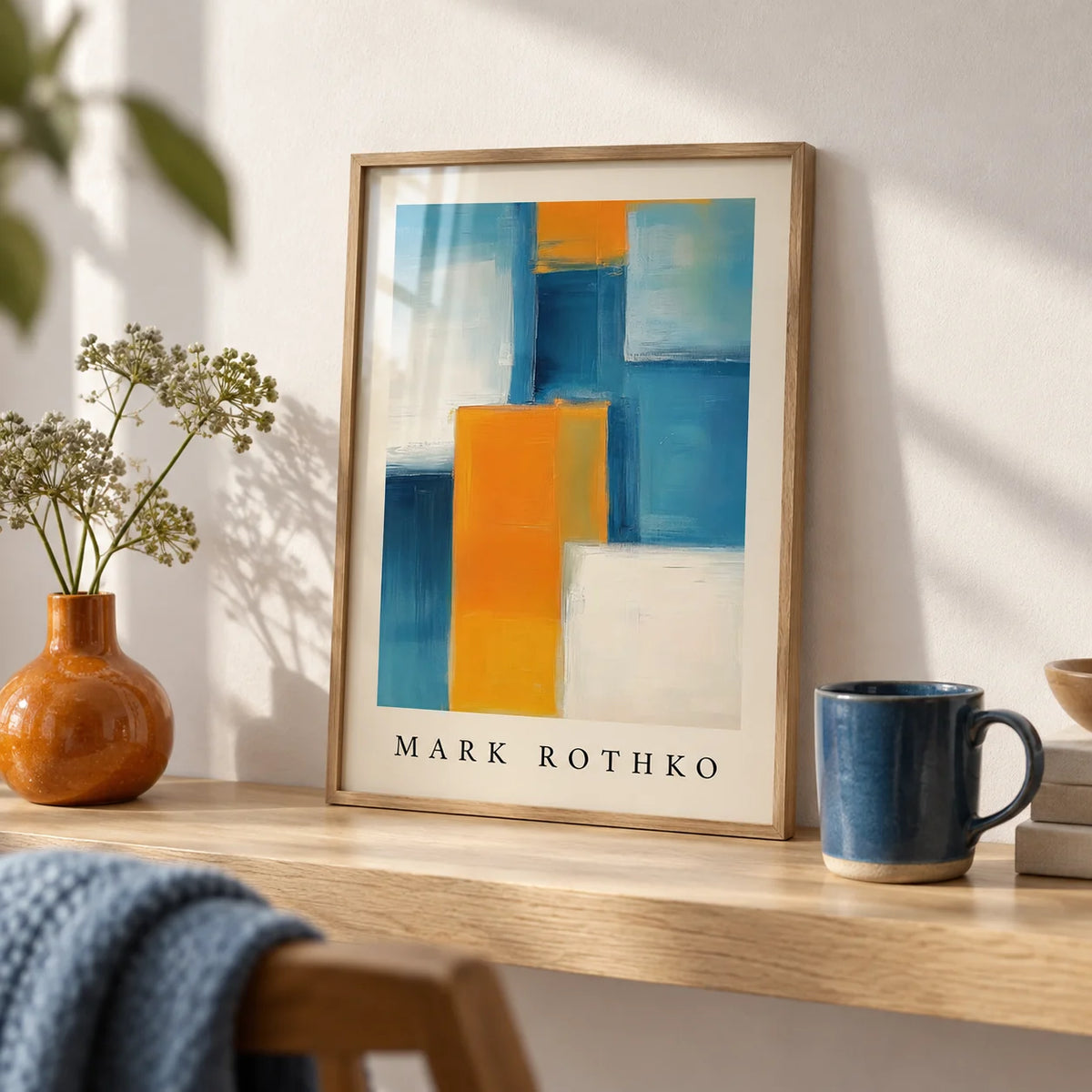 Blue and Yellow Wall Art, a small A4 framed print leaning on a pale oak shelf in a living room