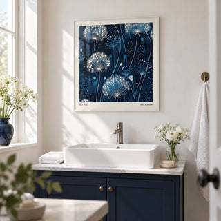 Blue Art Work, framed on the wall of a calm bathroom with white walls and a plain deep navy painted vanity unit