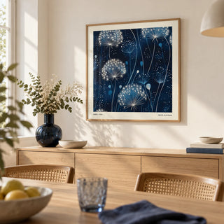 Blue Art Work, framed on the wall of a calm dining room with a warm white wall